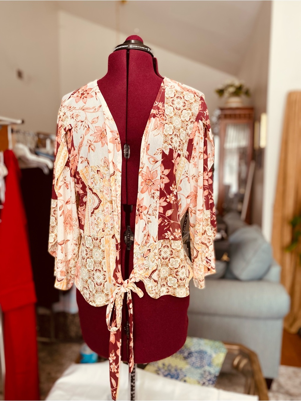 Floral Tie-Front Kimono Cardigan - Cream & Maroon